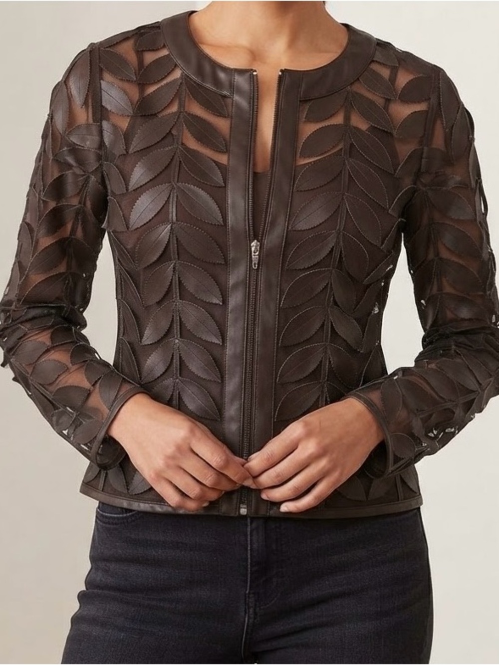 Brown Leather Cutout Zip-Front Jacket Faux-Ever Leather, Bagatelle Collection